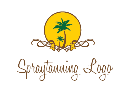 palm trees in circle with flowers and ribbons travel logo