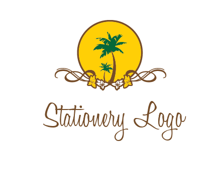 palm trees in circle with flowers and ribbons travel logo