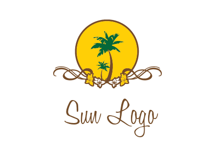 palm trees in circle with flowers and ribbons travel logo