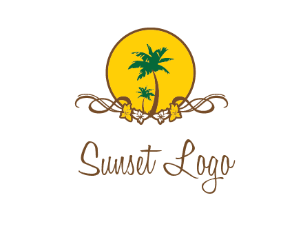 palm trees in circle with flowers and ribbons travel logo