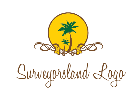 palm trees in circle with flowers and ribbons travel logo