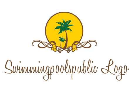 palm trees in circle with flowers and ribbons travel logo