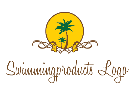 palm trees in circle with flowers and ribbons travel logo