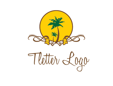 palm trees in circle with flowers and ribbons travel logo