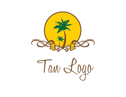 palm trees in circle with flowers and ribbons travel logo