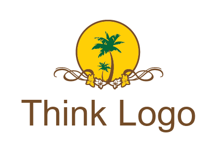 palm trees in circle with flowers and ribbons travel logo