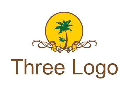 palm trees in circle with flowers and ribbons travel logo