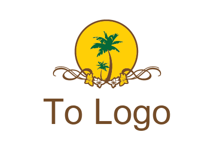 palm trees in circle with flowers and ribbons travel logo