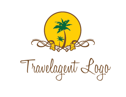 palm trees in circle with flowers and ribbons travel logo