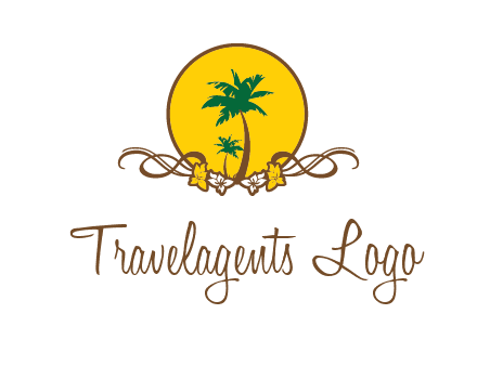 palm trees in circle with flowers and ribbons travel logo