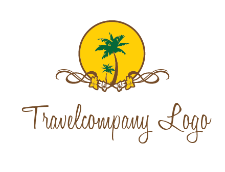 palm trees in circle with flowers and ribbons travel logo