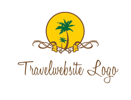 palm trees in circle with flowers and ribbons travel logo