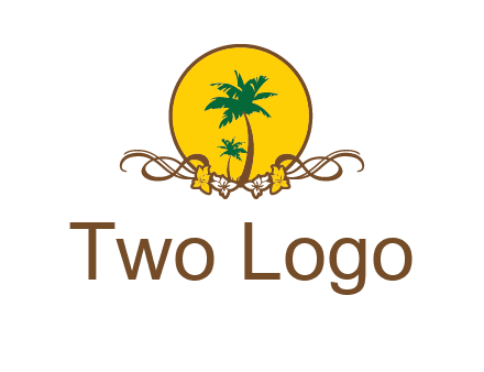 palm trees in circle with flowers and ribbons travel logo