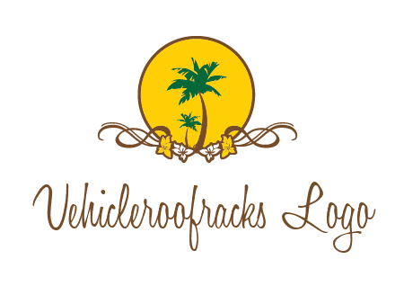 palm trees in circle with flowers and ribbons travel logo
