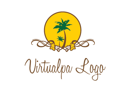 palm trees in circle with flowers and ribbons travel logo