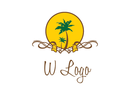 palm trees in circle with flowers and ribbons travel logo