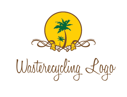 palm trees in circle with flowers and ribbons travel logo
