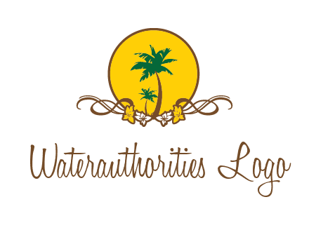 palm trees in circle with flowers and ribbons travel logo