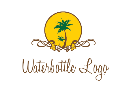 palm trees in circle with flowers and ribbons travel logo