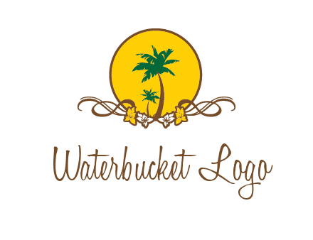 palm trees in circle with flowers and ribbons travel logo