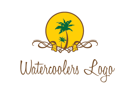 palm trees in circle with flowers and ribbons travel logo