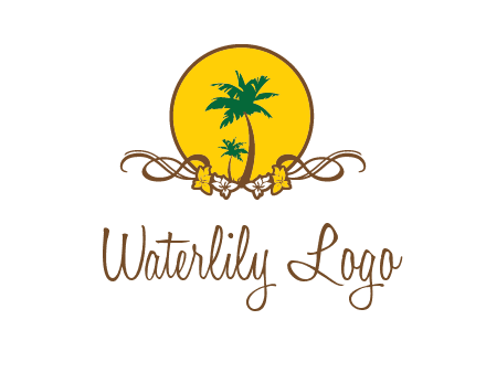 palm trees in circle with flowers and ribbons travel logo