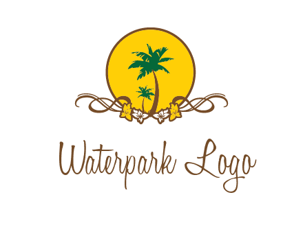 palm trees in circle with flowers and ribbons travel logo