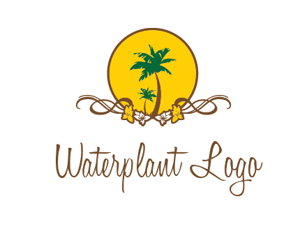 palm trees in circle with flowers and ribbons travel logo