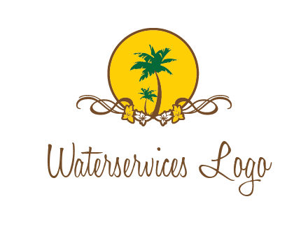 palm trees in circle with flowers and ribbons travel logo