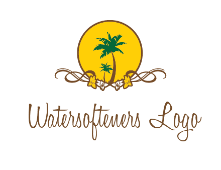 palm trees in circle with flowers and ribbons travel logo