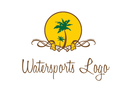 palm trees in circle with flowers and ribbons travel logo