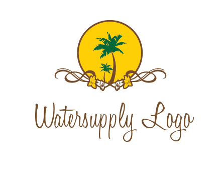 palm trees in circle with flowers and ribbons travel logo
