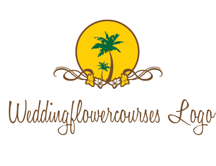 palm trees in circle with flowers and ribbons travel logo