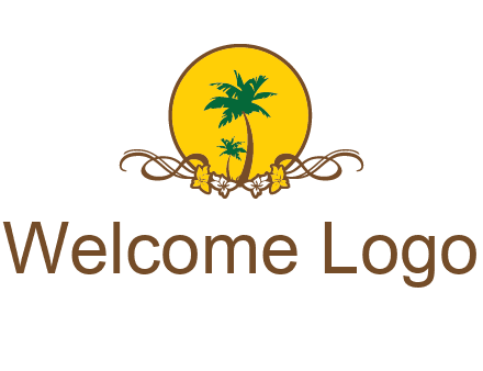 palm trees in circle with flowers and ribbons travel logo