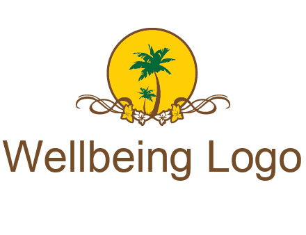 palm trees in circle with flowers and ribbons travel logo