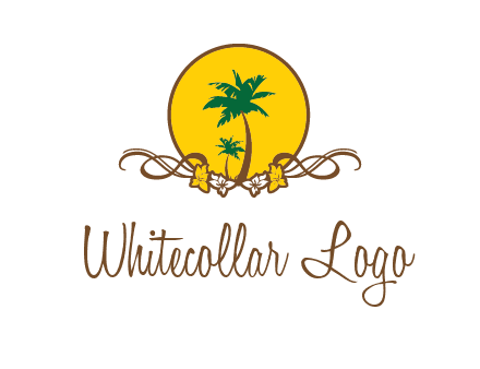 palm trees in circle with flowers and ribbons travel logo