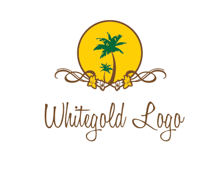 palm trees in circle with flowers and ribbons travel logo