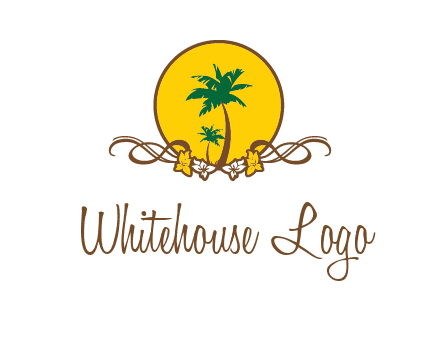 palm trees in circle with flowers and ribbons travel logo