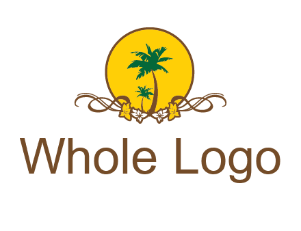 palm trees in circle with flowers and ribbons travel logo