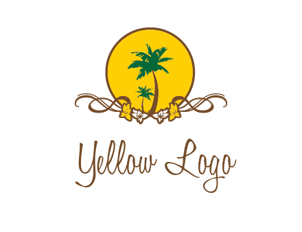palm trees in circle with flowers and ribbons travel logo