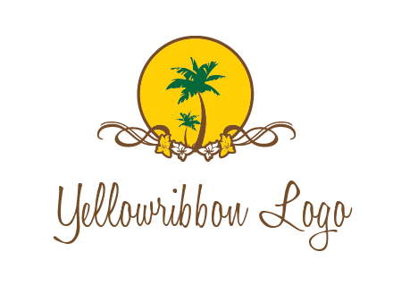 palm trees in circle with flowers and ribbons travel logo