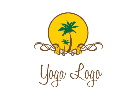 palm trees in circle with flowers and ribbons travel logo