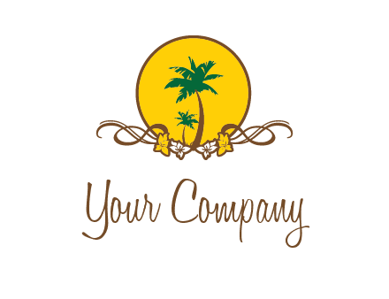 palm trees in circle with flowers and ribbons travel logo