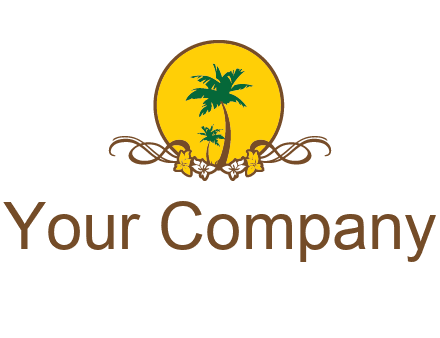 palm trees in circle with flowers and ribbons travel logo