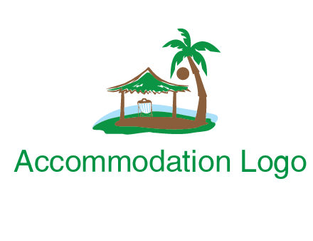 lounger under tent and palm tree on island travel logo icon