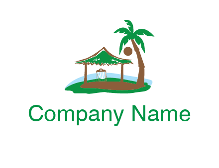 lounger under tent and palm tree on island travel logo icon