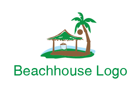 lounger under tent and palm tree on island travel logo icon