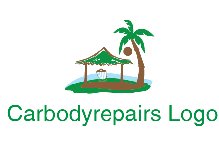 lounger under tent and palm tree on island travel logo icon