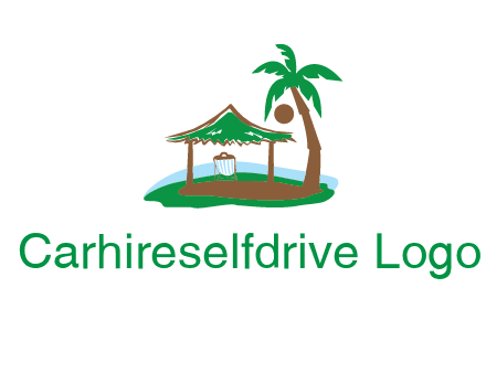 lounger under tent and palm tree on island travel logo icon