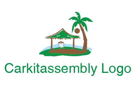 lounger under tent and palm tree on island travel logo icon